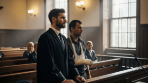 Lawyer and client in courtroom