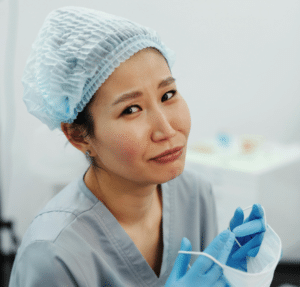 Nurse putting on a mask.