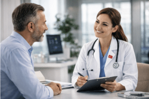 Doctor talking to patient with chart