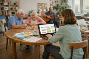 Activity Director sitting at a table with a laptop