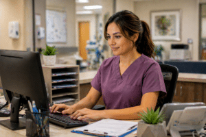 health unit coordinator working at hospital desk managing patient records