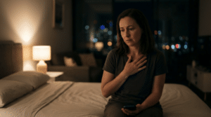 Woman experiencing a panic episode at night and deciding whether to seek emergency help Woman experiencing a panic episode at night and deciding whether to seek emergency help