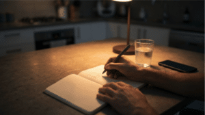 Person writing notes about a panic episode before going to sleep Person writing notes about a panic episode before going to sleep